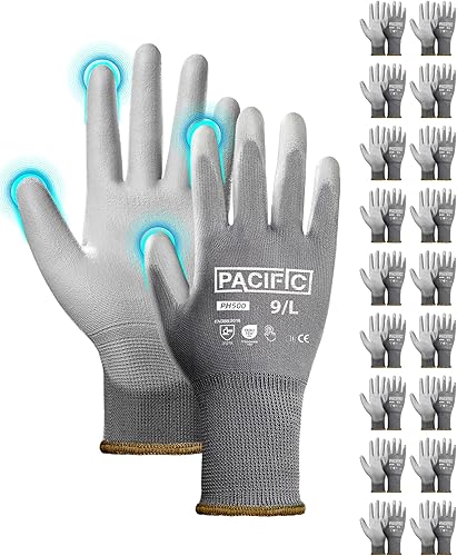 Vista 9 de PACIFIC PPE Guantes de trabajo con revestimiento de poliuretano, 18 pares, guantes de trabajo para pantalla táctil para hombres y mujeres, guantes