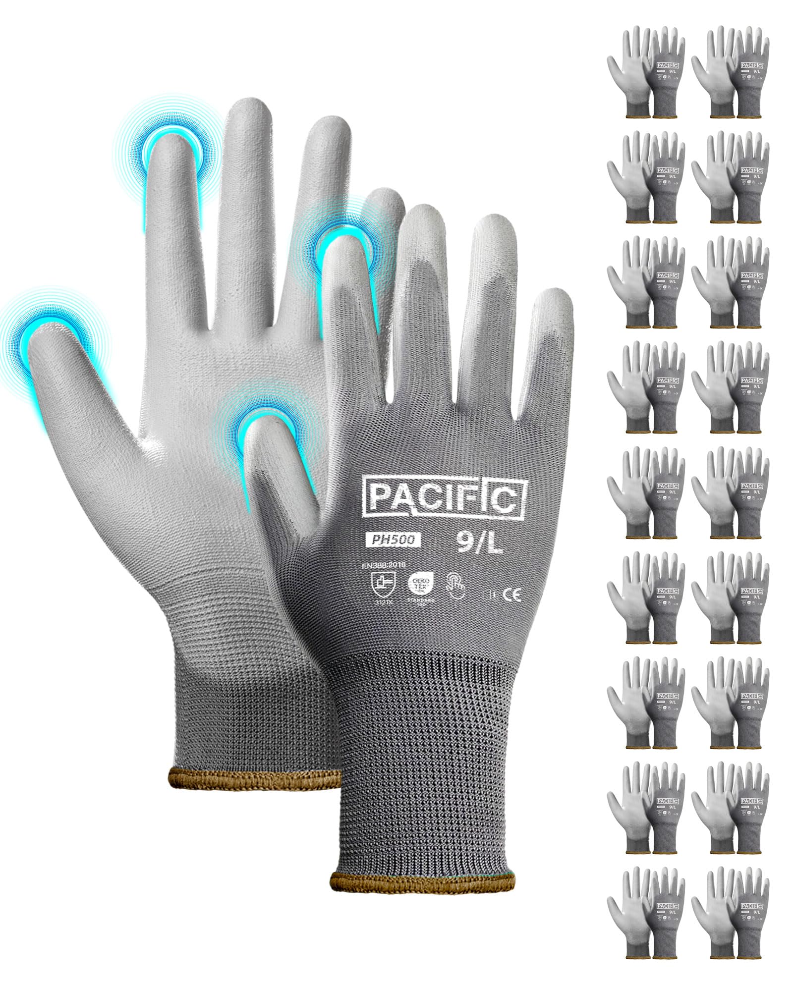 PACIFIC 18 Paare Graue Sicherheits-Arbeitshandschuhe – Rutschfeste PU-Beschichtung, Leicht & Atmungsaktive, Ideal für Allgemeine Arbeiten, Gartenarbeit, Arbeitshandschuhe Herren & Damen gr 9/L