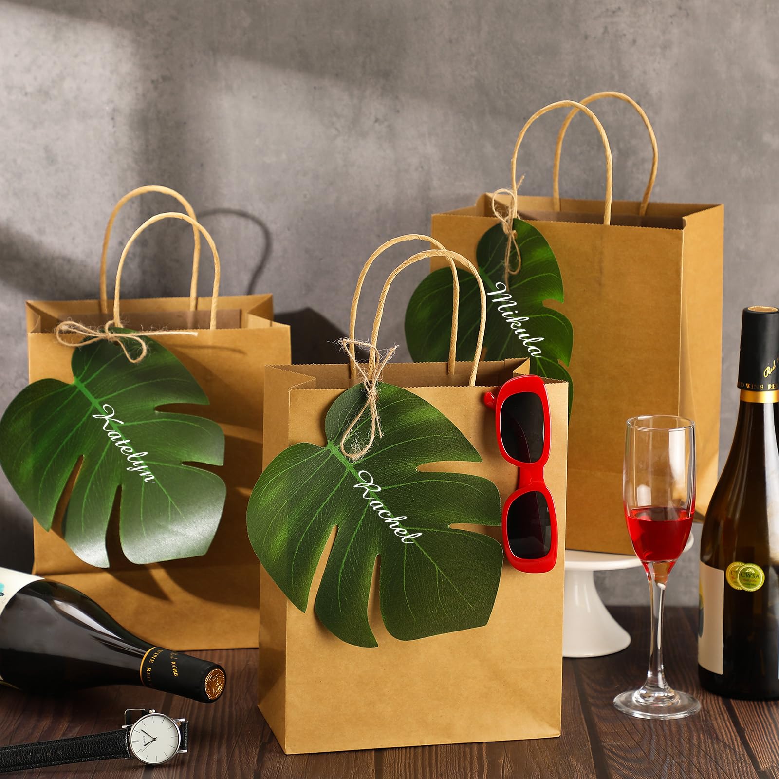 Dinifee 24 Set Hawaiian Aloha Gift Bags Bulk Tropical Luau Bachelorette Goodie Bags with Palm Leaves Monstera Kraft Paper Bridesmaids Beach Party Favors for Summer Hawaiian Wedding