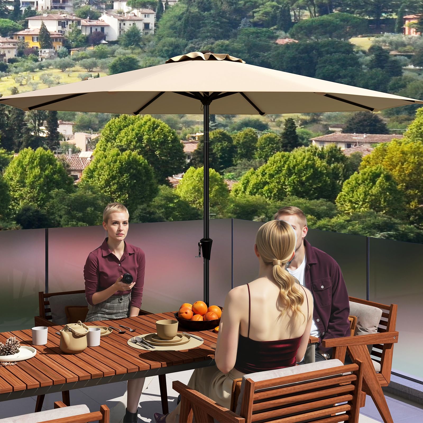 RELAX4LIFE Parasol Droit Inclinable 3M, Parasol de Jardin Extérieur 3M Rond, Inclinaison 25°, 8 Baleines, Manivelle, Polyester Résistant, Protection Solaire pour Balcon Terrasse (Beige)