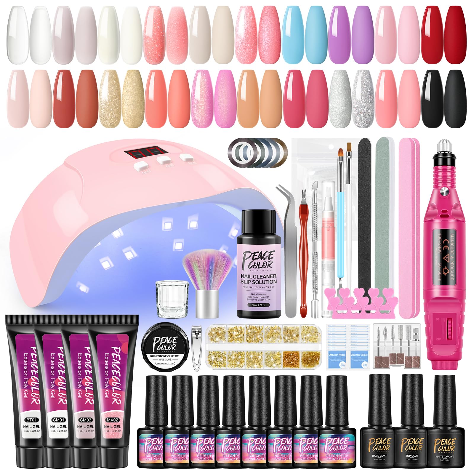 Peacecolor Uñas Semipermanentes Kit Completo, 16 Colores Pintauñas Semipermanentes 4 Colores Uñas Builder Construccion Gel, Kit Profesional Gel con 36W Lámpara U-V/LED para Uñas y Lima Electrica Uñas
