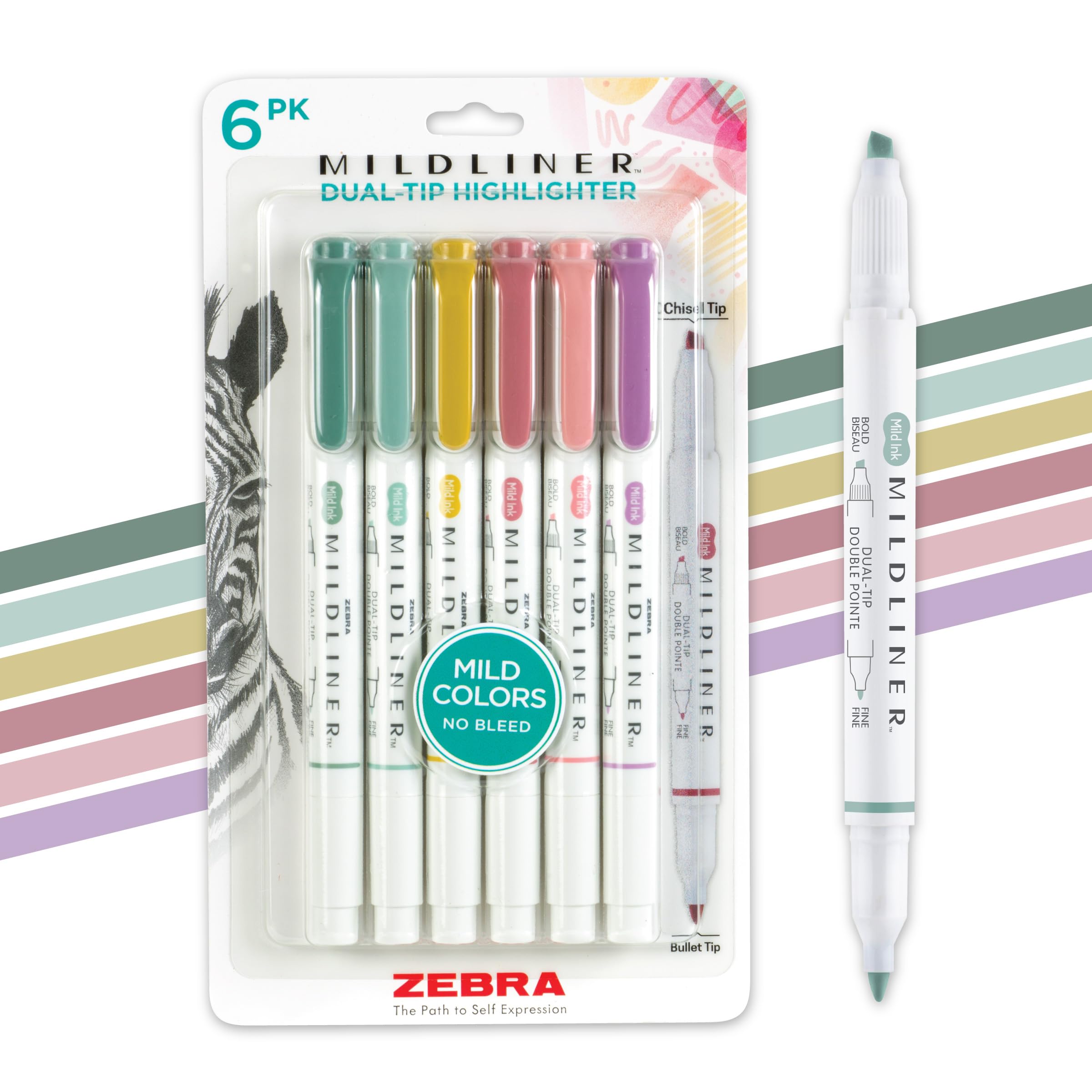 Zebra Pen Mildliner Dual Tip Color Highlighter Marker Set, Chisel Tip, Ideal for Bible Highlighting, No Bleed, Assorted Mild Colors, 6-Pack (73315)