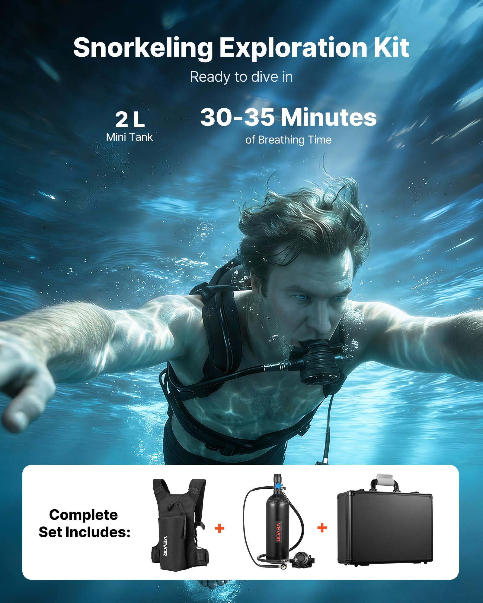 VEVOR Mini Botella de Buceo de 2 L, Juego de Tanque de Buceo Portátil con Mochila y Caja de Protección, Capacidad de 30 a 35 Minutos, Bombona de Oxígeno Recargable Aluminio, para Viajes Bucear Rescate