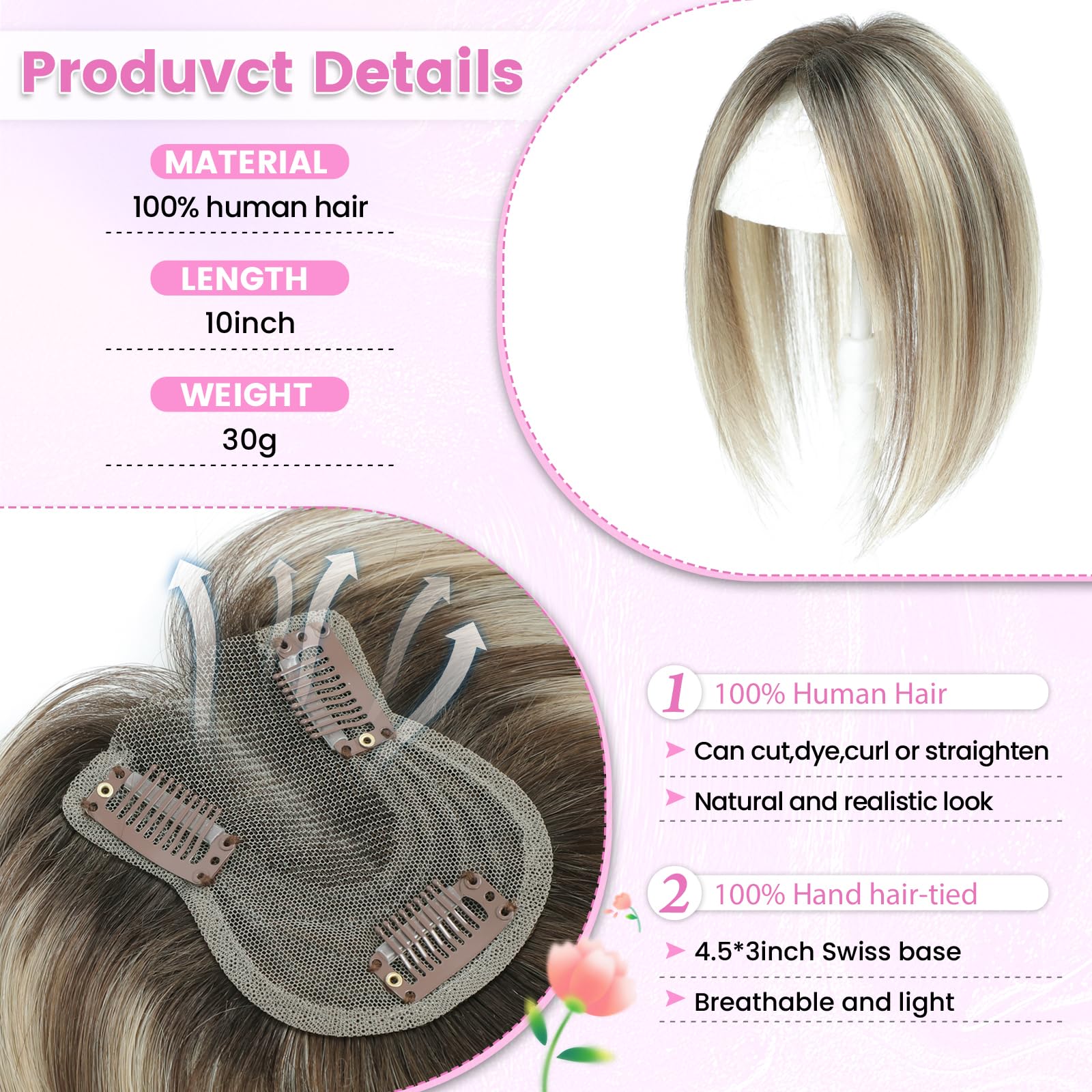Hair Toppers for Women Fluffy Human Hair Topper 10inch Handmade Swiss Base Hairpieces 360° Cover Hairloss and Grey Hair (Ombre Light Brown with Blond Highlight) - Image 2