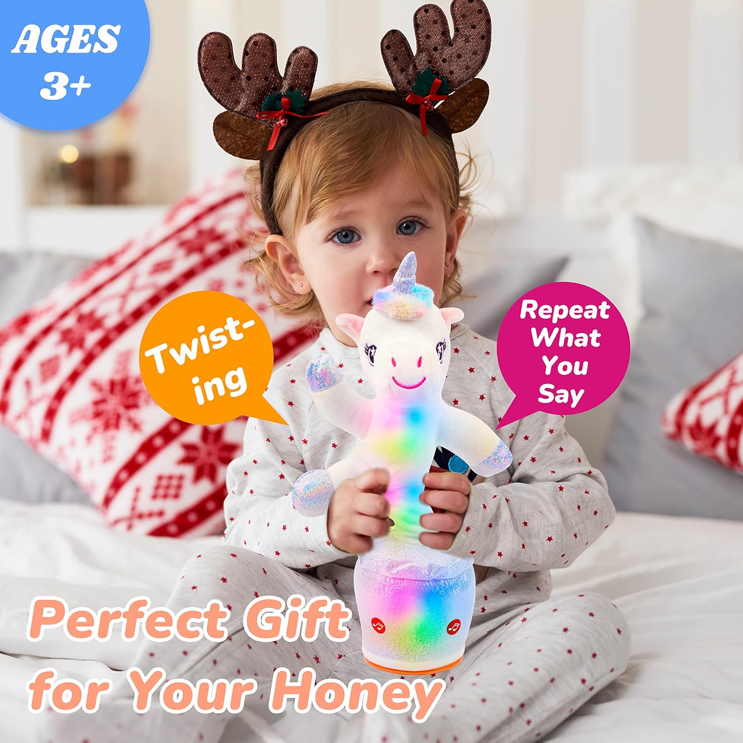 Hopearl Glowing Dancing Unicorn Talking Interactive Animated Singing Mimicking Electric Light Up Toy Speaking Gifts for Kids, White, 14.5''