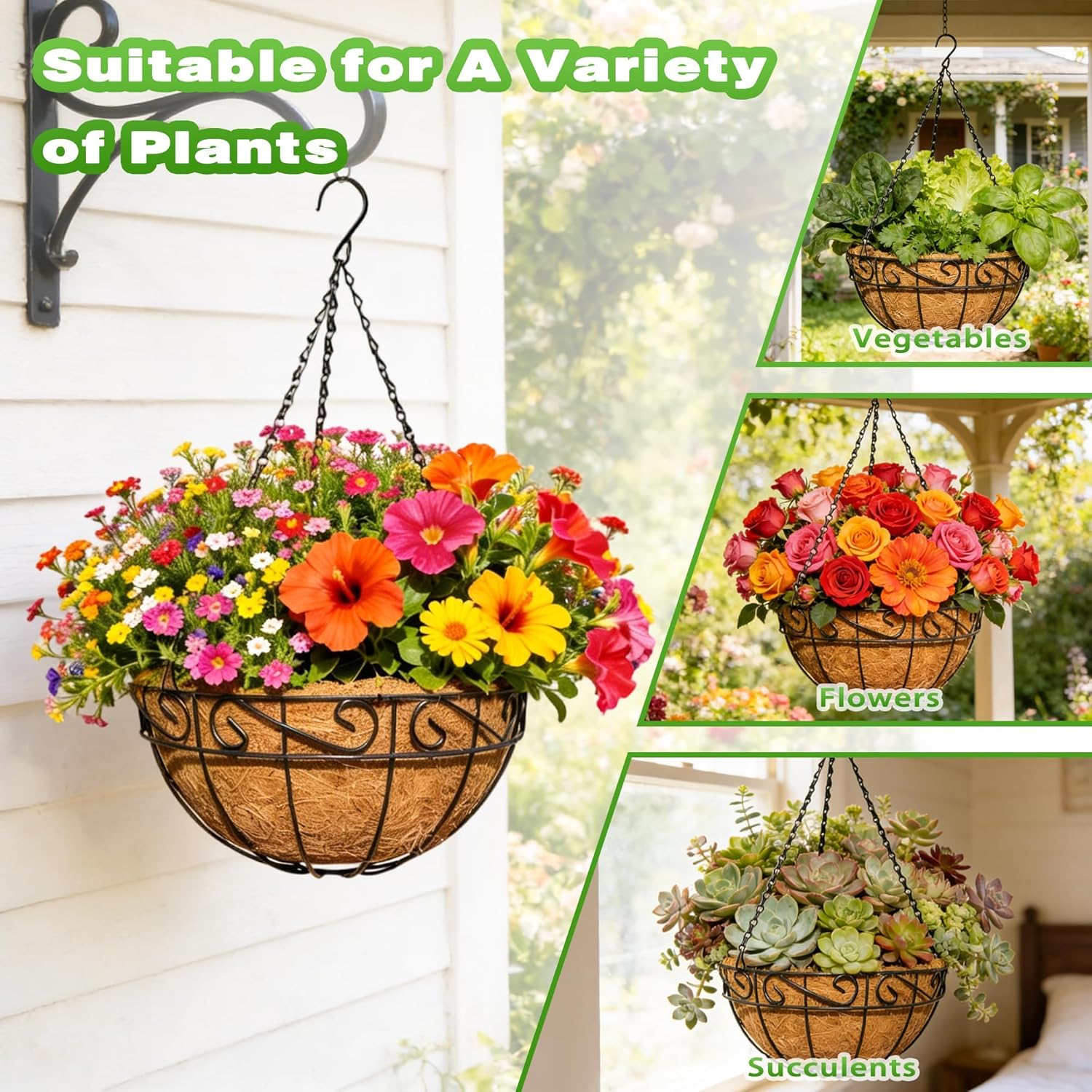 4 Pack 12 Inch Metal Outdoor Hanging Baskets Black Heavy Duty Hanging Planters with Coco Liners for Indoor Outdoor Plants Gardens Patios Terraces（Lace）