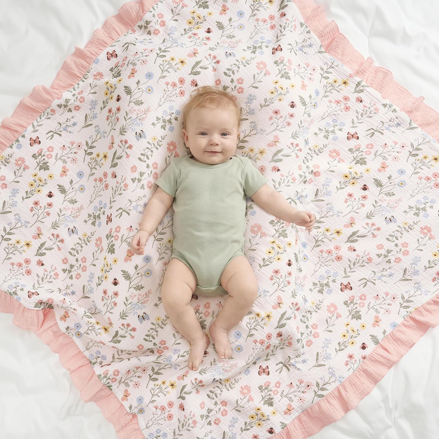 david's kids Flounce Muslin Baby Blanket for Girls Boys, 100% Cotton Soft Crib Swaddle Blankets, Reversible & Breathable Nursery Bedding for Newborns Toddlers, 47 x 47 Inches (Garden)