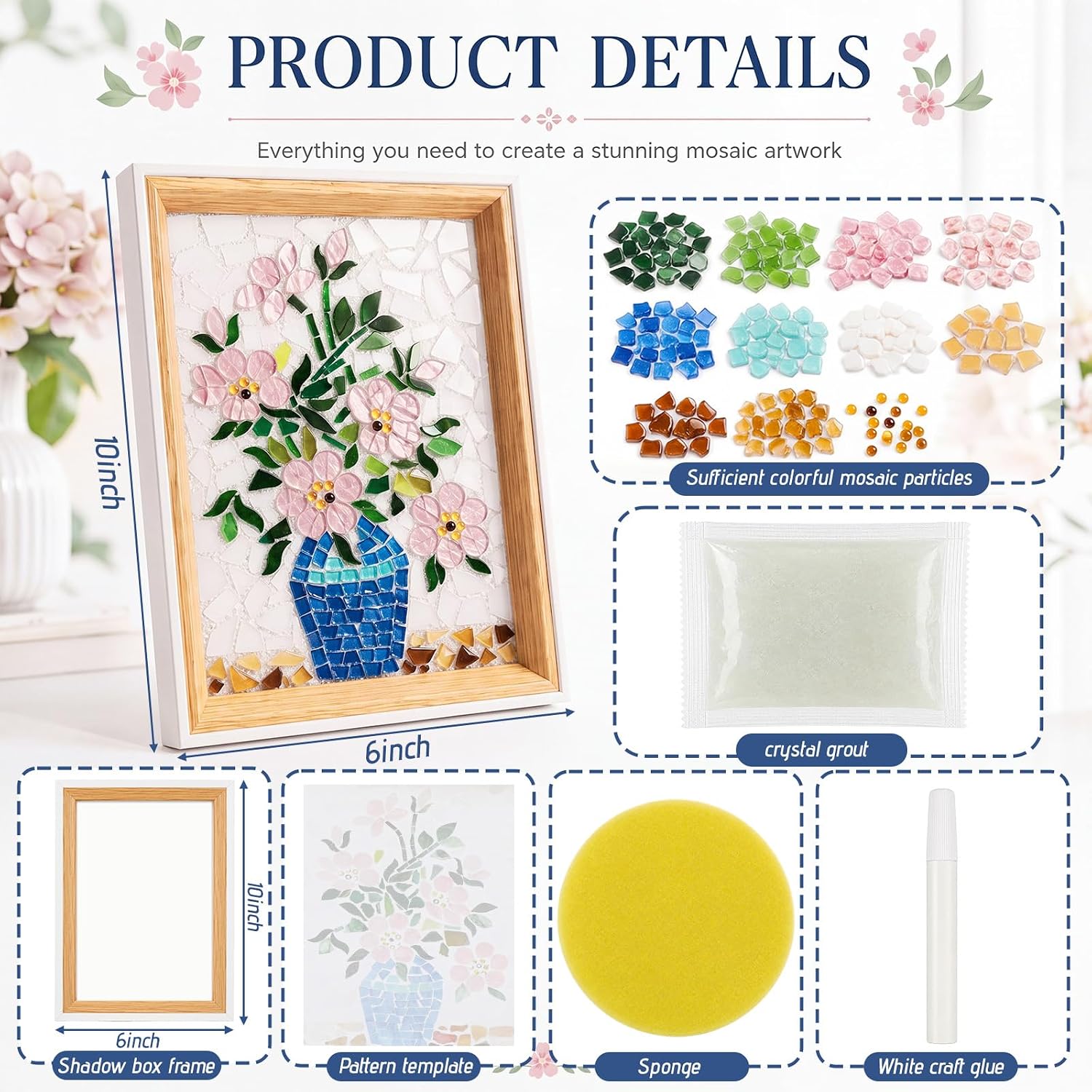 SiliFine Mosaic Art Kit for Adults, 6x10 Inch DIY Glass Art Kit with Tiles