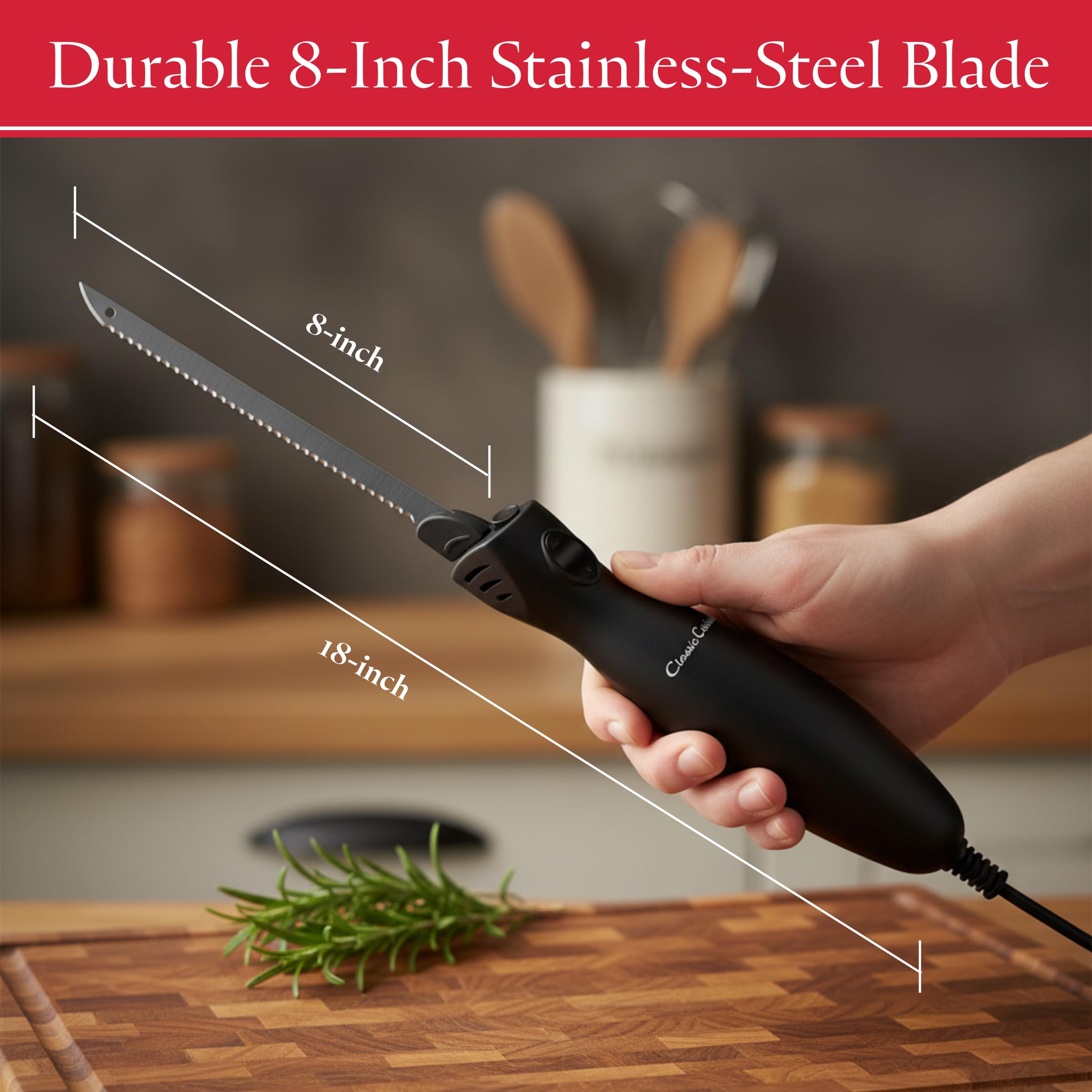 Electric Carving Knife - 8-Inch Serrated Stainless-Steel Blade Cutter with Comfort Grip Handle for Slicing Turkey and Meat by Classic Cuisine (Black) — Amazon image 2