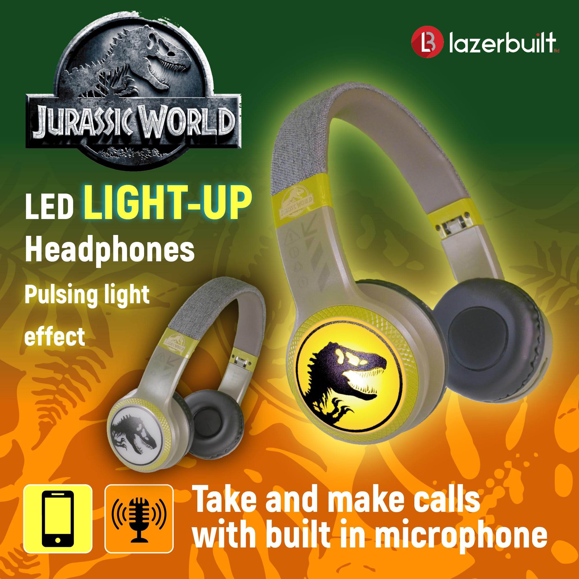 Jurassic World Auriculares 2 en 1 con Bluetooth y cable iluminados con diadema ajustable y controles de auriculares. Micrófono integrado para hacer y recibir llamadas telefónicas