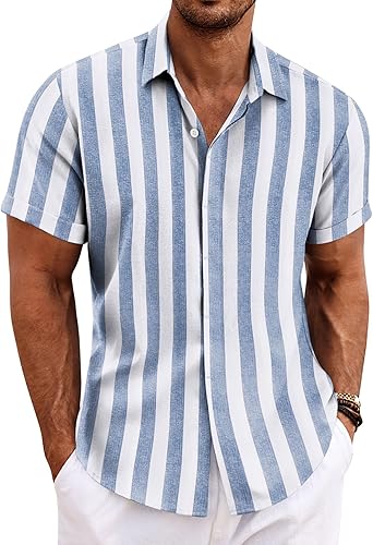 Miniatura 12 de COOFANDY Camisas de lino para hombre de manga corta, camisas casuales con botones para hombre, camisa de playa de verano, camisa para boda