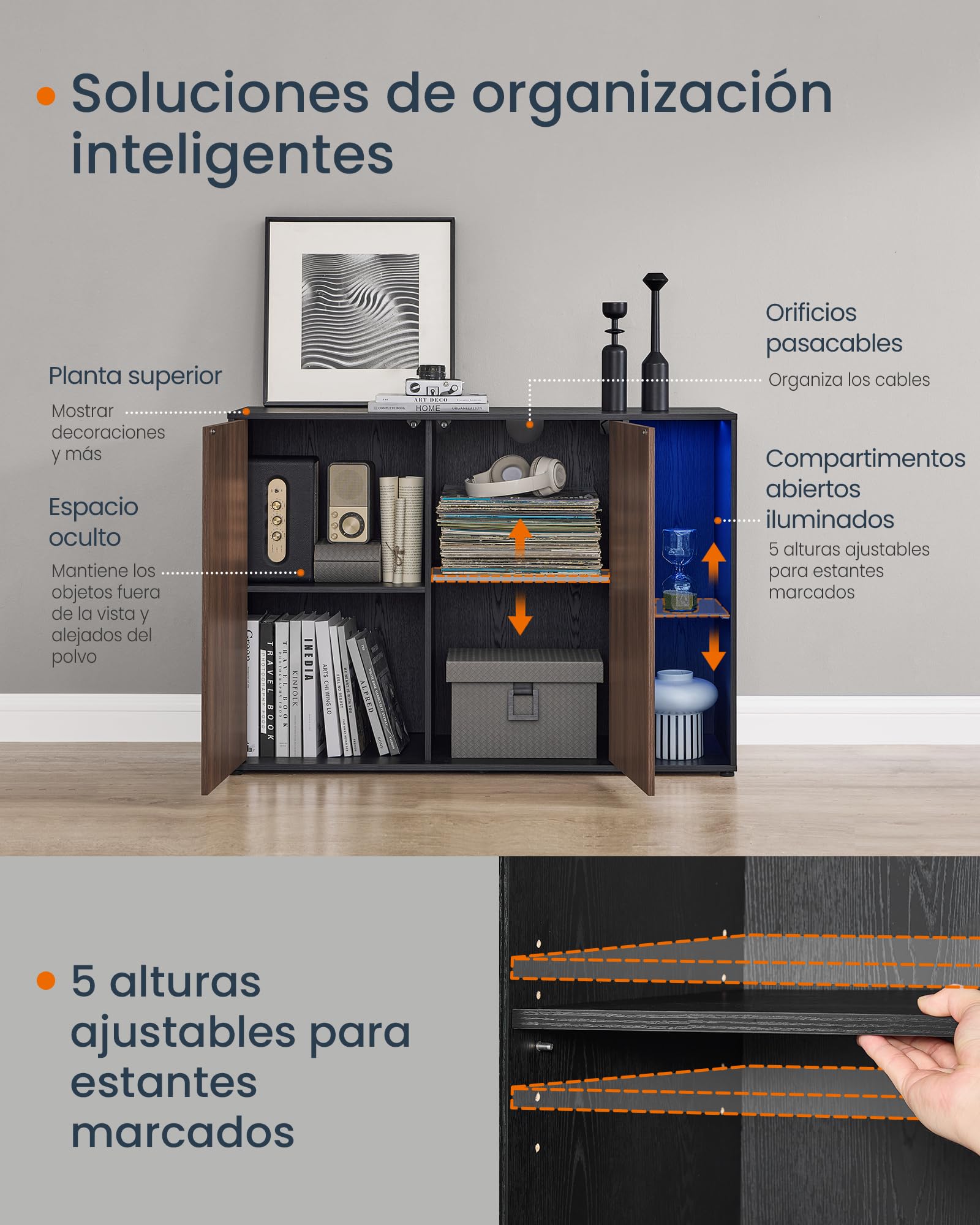 SONGMICS Home Aparador, Montaje Súper Rápido Sin Herramientas Toolless, Mueble de TV con Iluminación y Estante de Cristal, Aparador, Nogal Natural y Negro Ébano BBK372B01