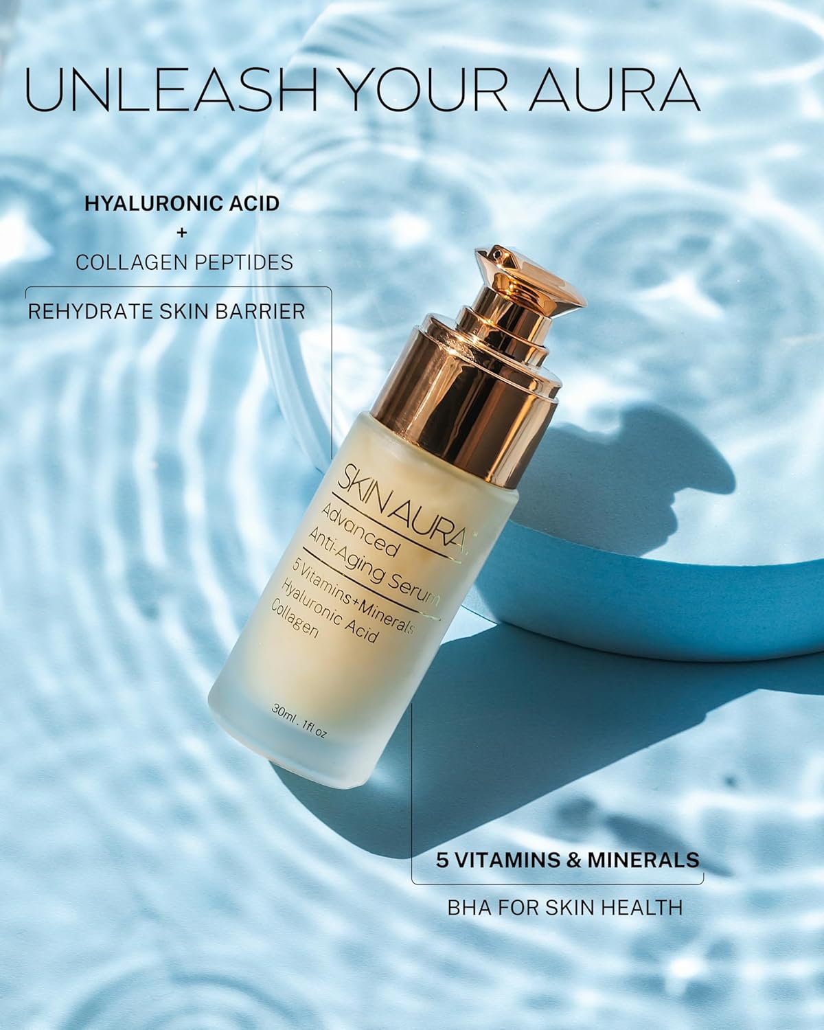 SKIN AURA™ Advanced Anti-Aging Serum | All-In-One Sensitive Formula for Wrinkles, Fine Lines & Age Spots | Plant Derivative with Hyaluronic Acid, Collagen Peptides, 5 Vitamins + Minerals - 30ml (1oz) - Image 3