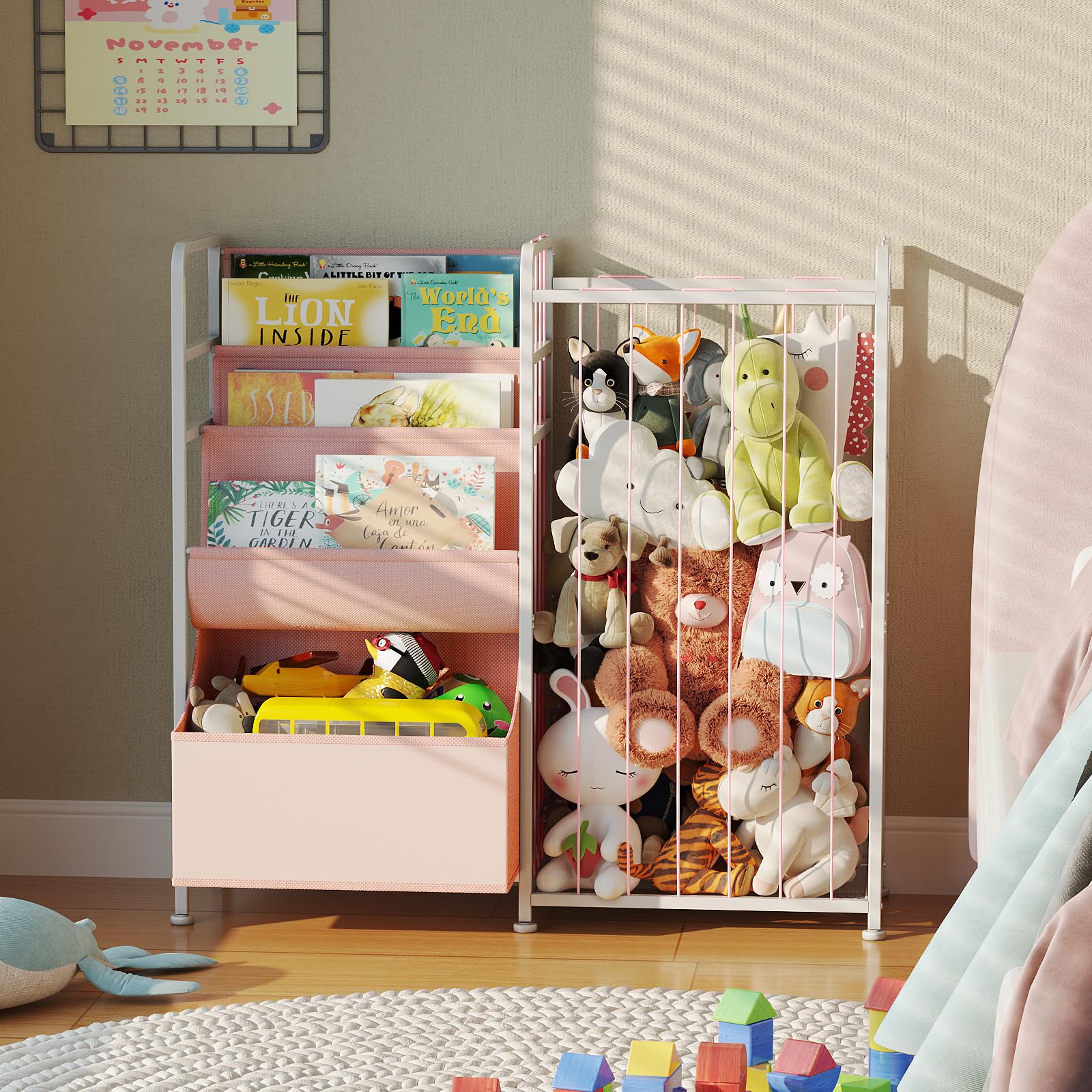 Estantería para niños y almacenamiento de animales de peluche, estantes multifuncionales para libros de guardería con caja de juguetes de cuero y exhibición de libros de PVC, organizador de 7