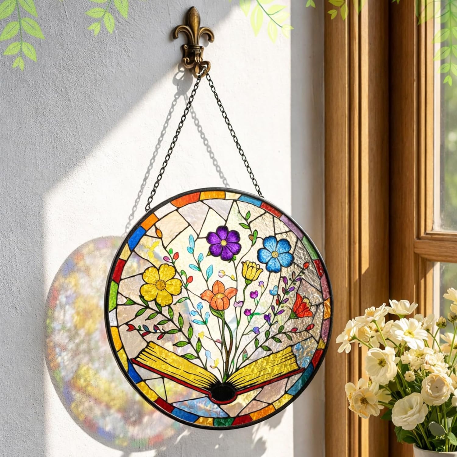 Yookeer 8'' Books Lovers Gift Flower Stained Glass Window Hanging Decorators Suncatcher Stained Glass Gifts for Teacher Bookworm Bookish Book Shelf Decor Lovers Reader Librarian Graduation Gift