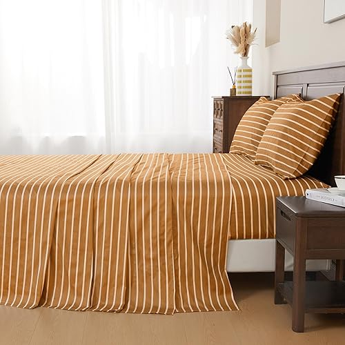 Miniatura 3 de JELLYMONI Juego de ropa de cama de algodón natural, 4 piezas de sábanas anchas a rayas óxidas, tamaño matrimonial
