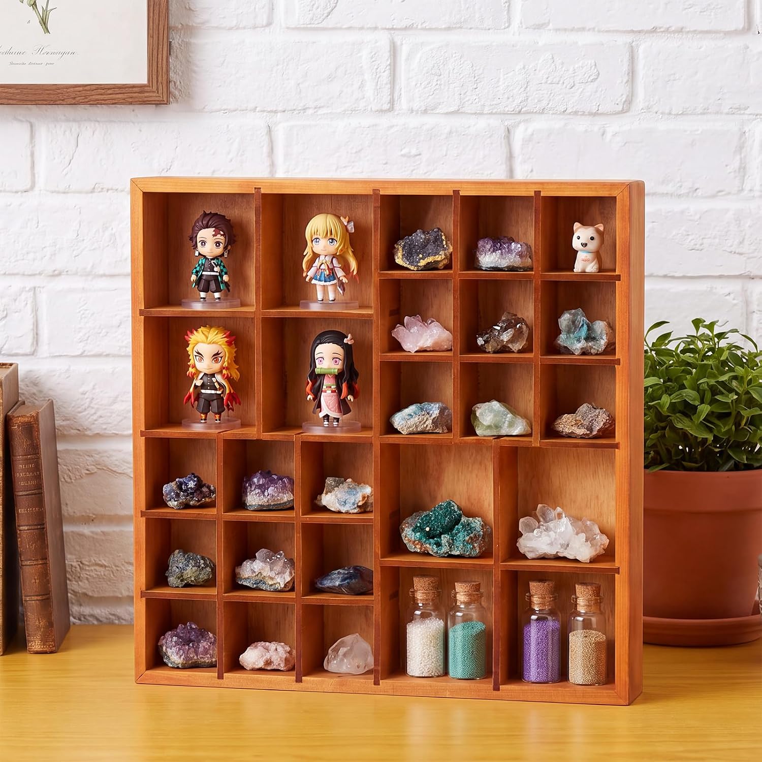RattanView Wooden Trinket Shelf Shadow Box Display, 13 Inch, 26 Compartment