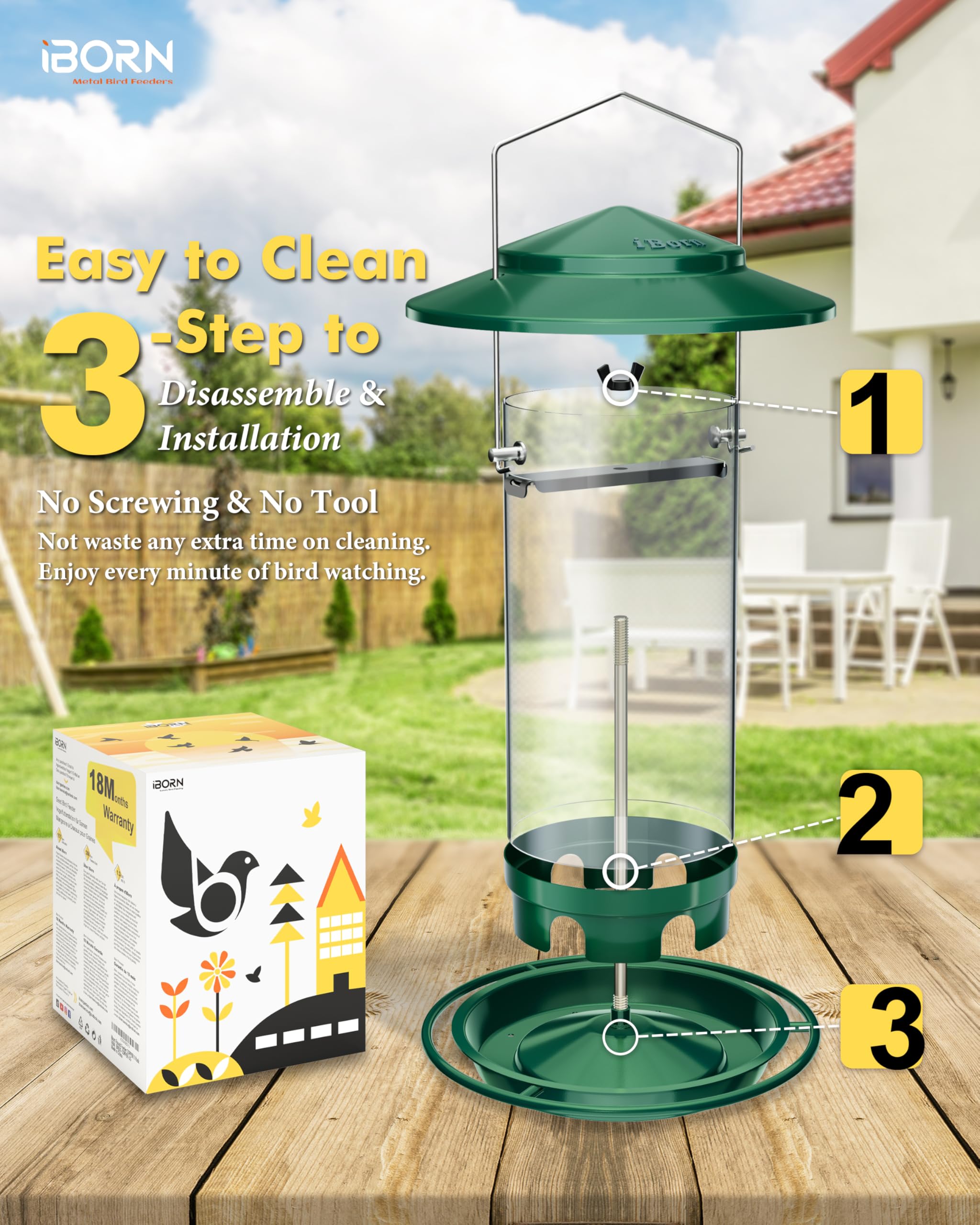 iBorn Mangiatoia per uccelli in metallo da appendere all'aperto, mangiatoie per uccelli selvatici per cardinali, 18 cm, grande tetto e vassoio verde a 6 porte (semi non inclusi)