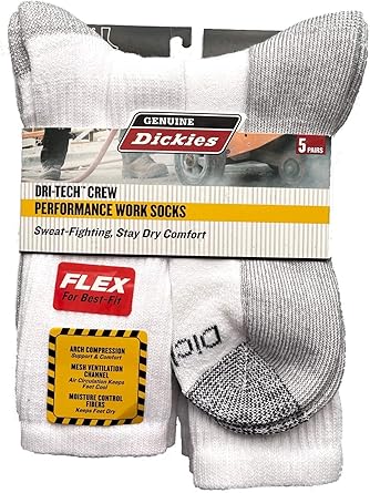 Dickies Genuine Mens 5-pair Crew Style Work Socks - White with Grey 6-12