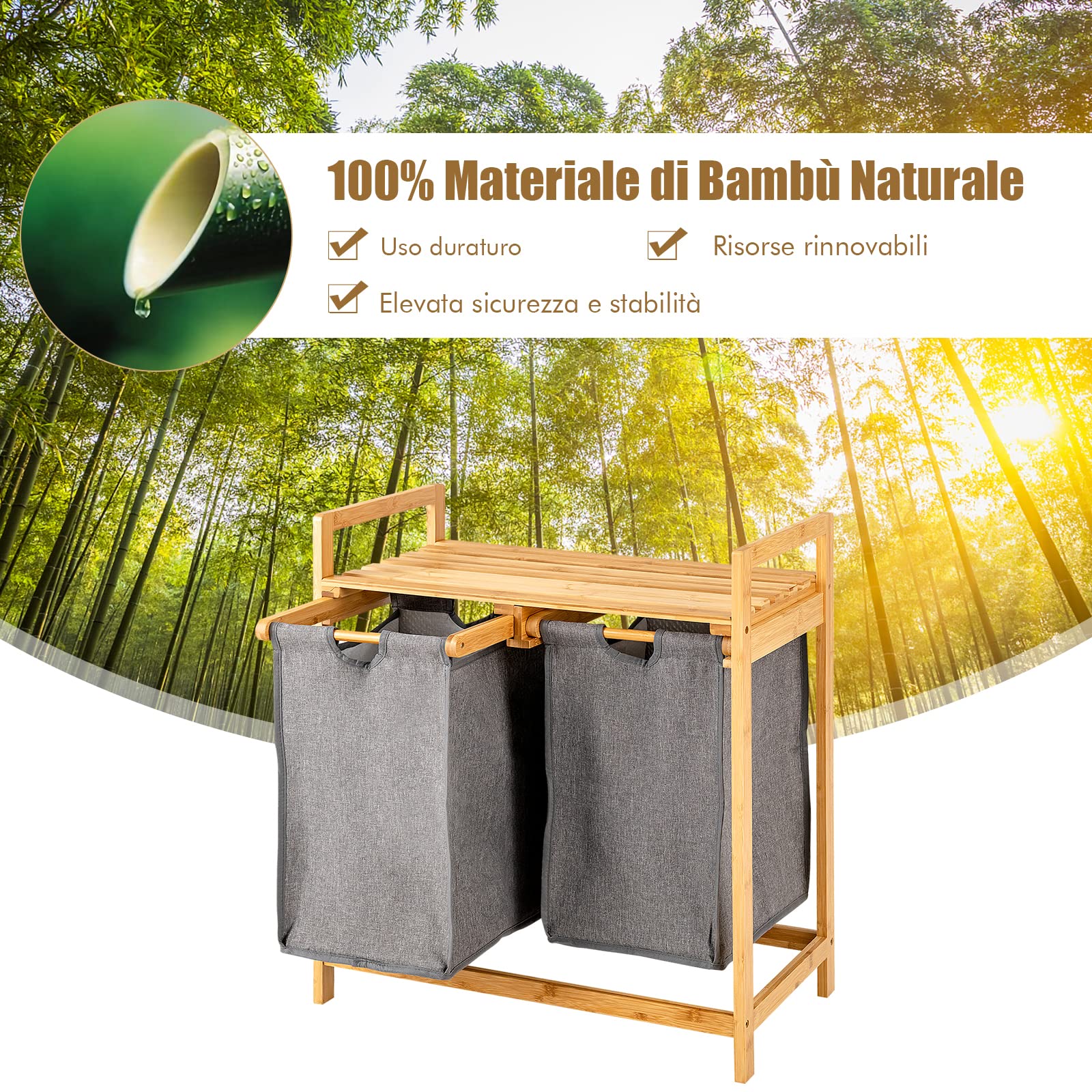 COSTWAY 70 L Cesto della Biancheria Sporca in Bambù Ecologico Naturale, Portabiancheria Sporca a 2 Scompartimenti con Borse Rimovibili, Anti-odore e Durevole, per Bagno e Lavanderia (Grigio)