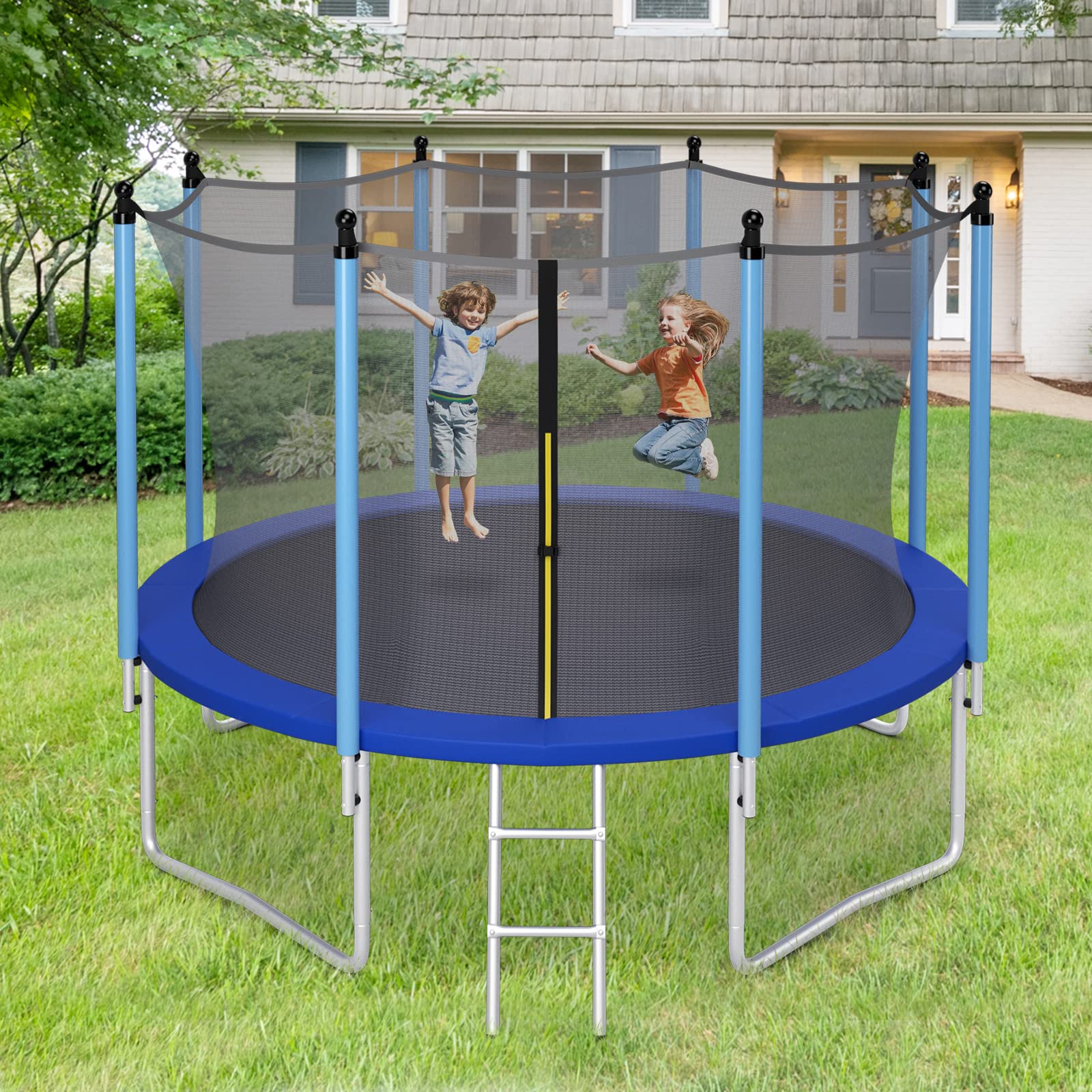 GYMAX Trampoline, 8FT 10FT 12FT 14FT 15FT 16FT Recreational Trampolines w/Safety Enclosure Net & Ladder - ASTM Certificated, Outdoor Trampoline for Kids and Adults (12FT, Internal-Net)