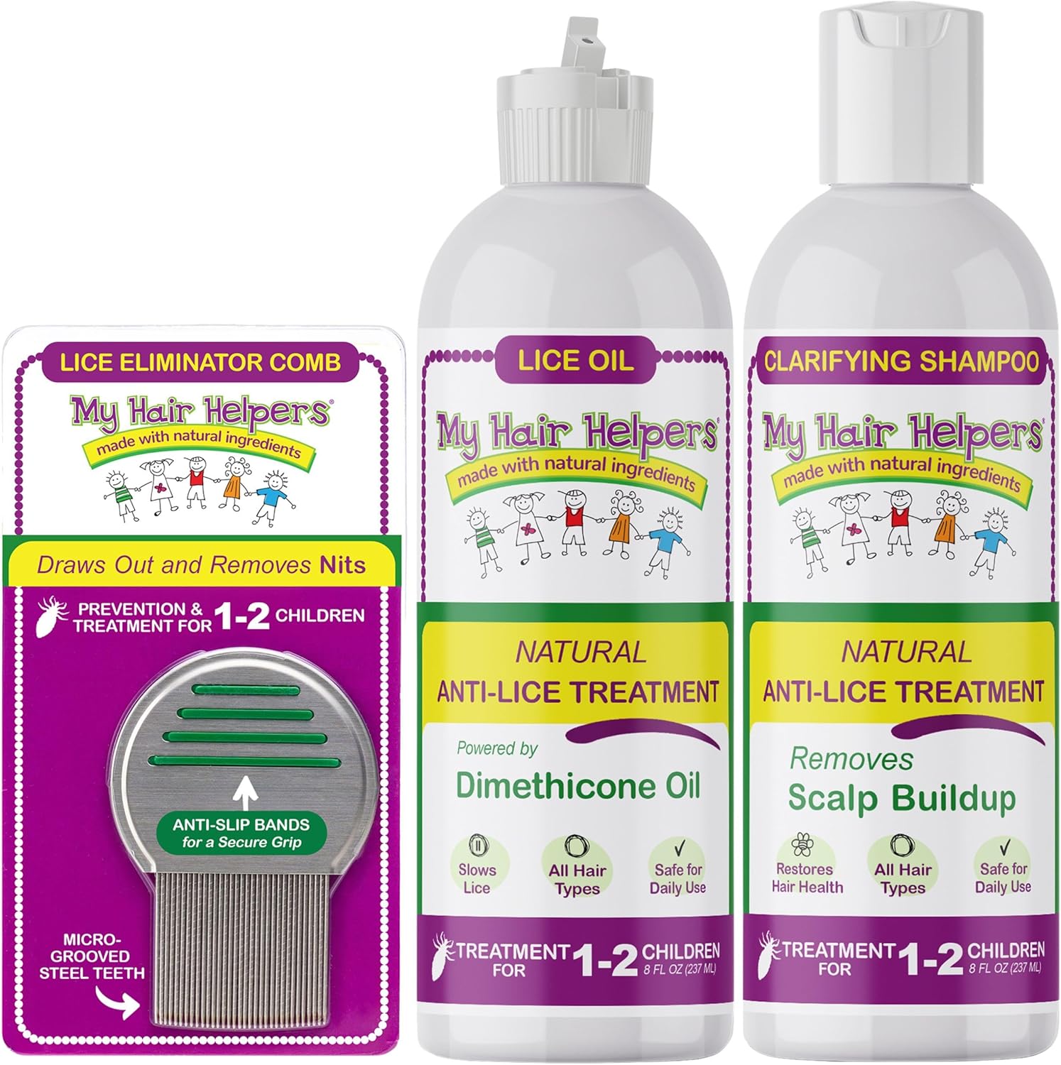 My Hair Helpers Dimethicone Oil Nit Removal Comb and Clarifying Shampoo for 1-2 Kids, 8 Ounces