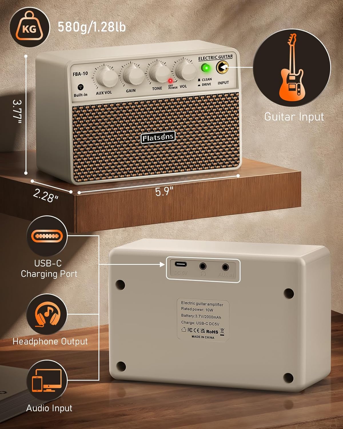 FBA-10 Guitar Amp, 10W Mini Electric Guitar Amplifier with Clean/Drive Channel, 6H Work, USB-C Rechargeable, 3.5mm Headphone/AUX, Wireless Portable Amp for Indoor Practice, Travel (White) - Image 9