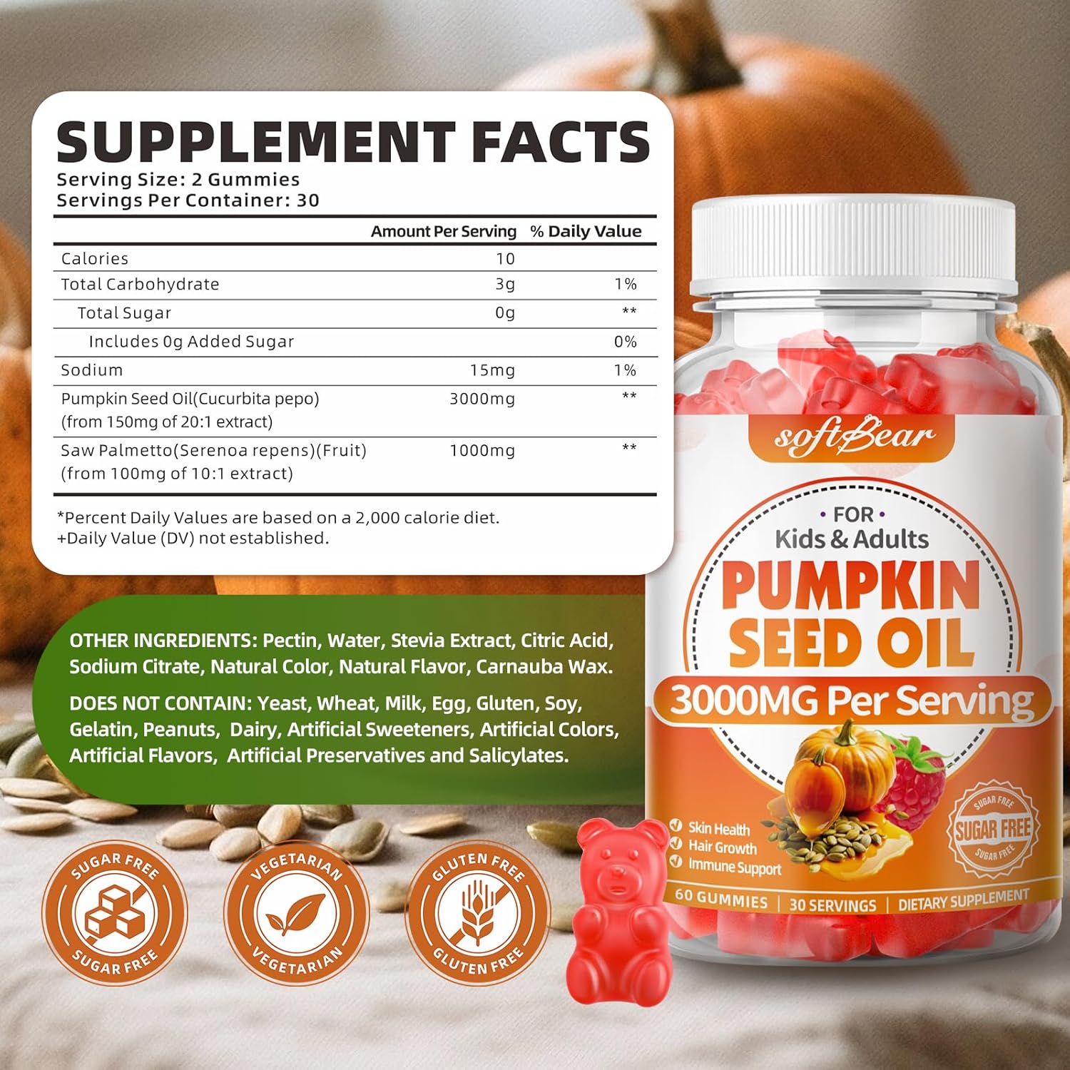 softbear Pumpkin Seed Oil Gummies, Organic Pumpkin Seed Oil Supplement with Saw Palmetto for Hair Growth & Skin Health, Cold Pressed/Suagr-Free, Raspberry Flavor 60 Count - Image 2