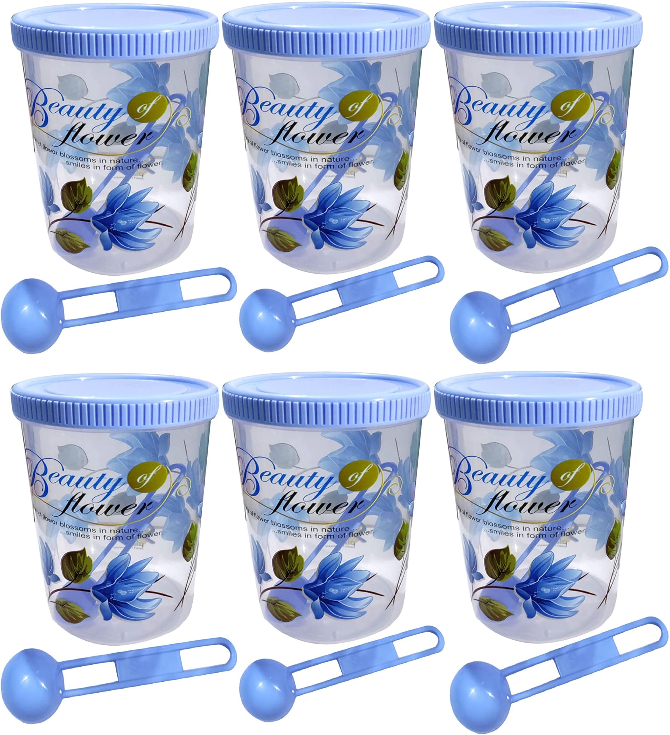 Neelu Beautiful Flower Print Plastic Round Shape Storage Jar and Container with Spoon Grocery Airtight Kitchen Containers| Air Tight |Kitchen Organiser | BPA Free(Pack of 6,1000 ml Each,Blue)