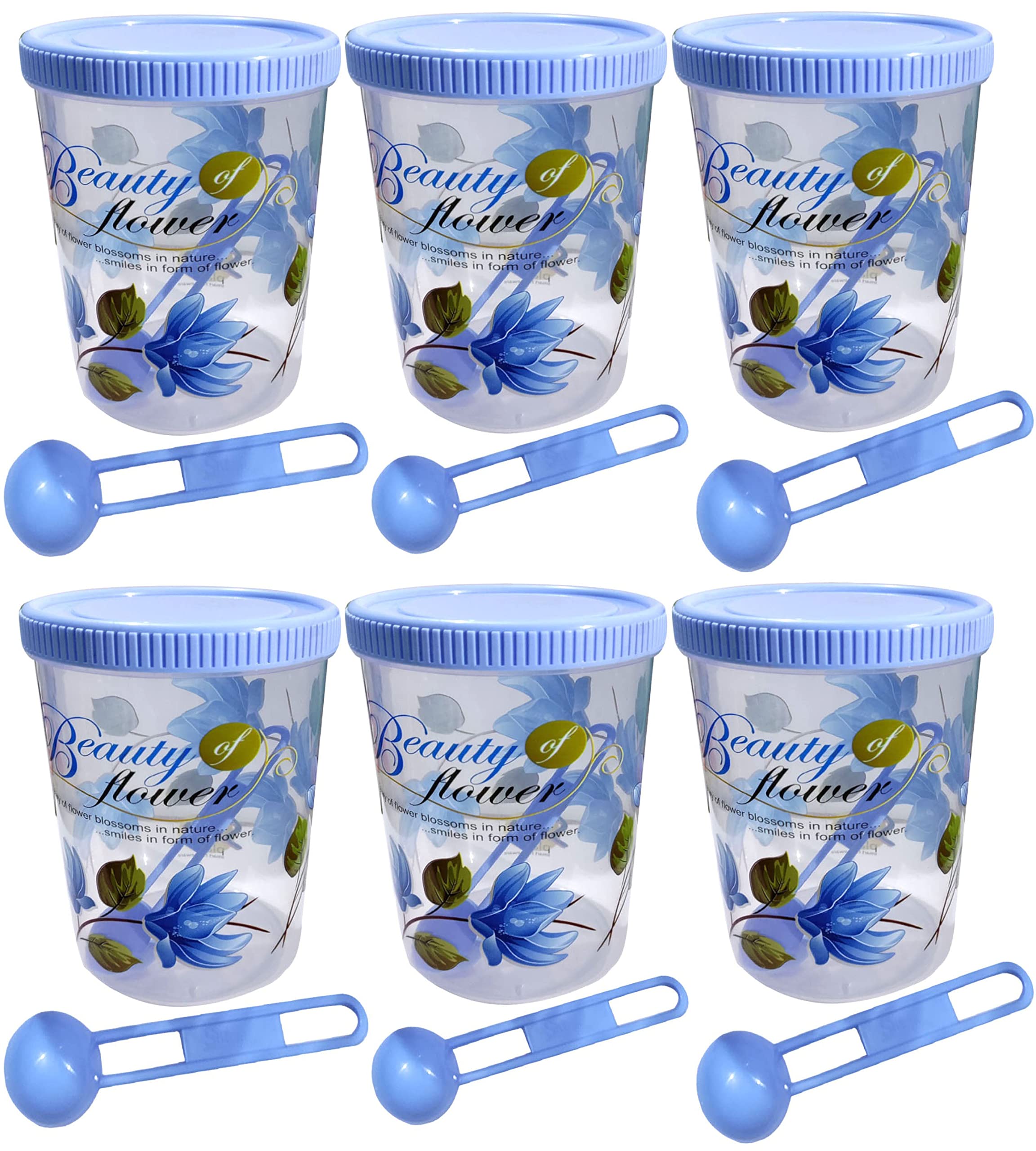 Neelu Beautiful Flower Print Plastic Round Shape Storage Jar and Container with Spoon Grocery Airtight Kitchen Containers| Air Tight |Kitchen Organiser | BPA Free(Pack of 6,1000 ml Each,Blue)