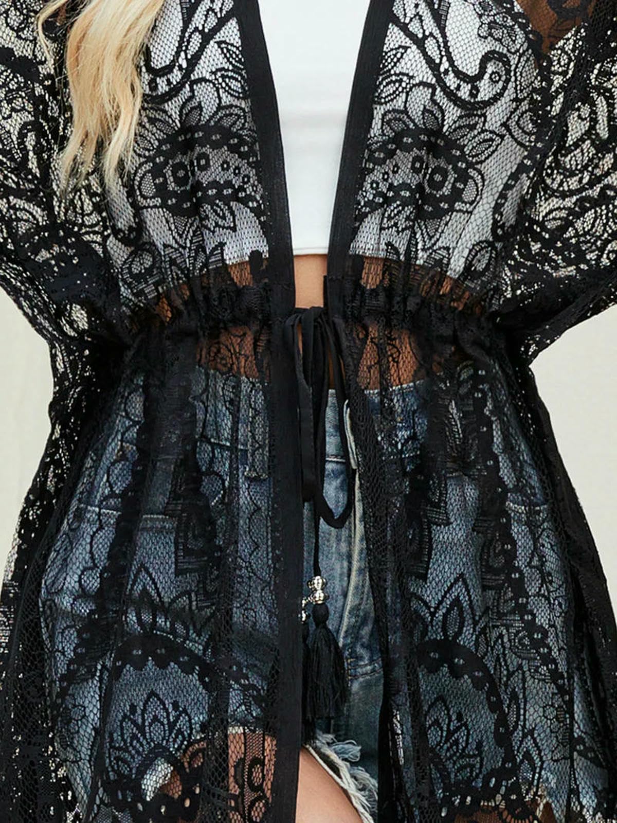 Paréo Plage Elegant Lace Hollow-Out Jacquard Mainement Bikini Couverture Up Taille Cardigan Voyage Soleil Protection Robe De Femme Summer Summer-Blanc-Taille Unique