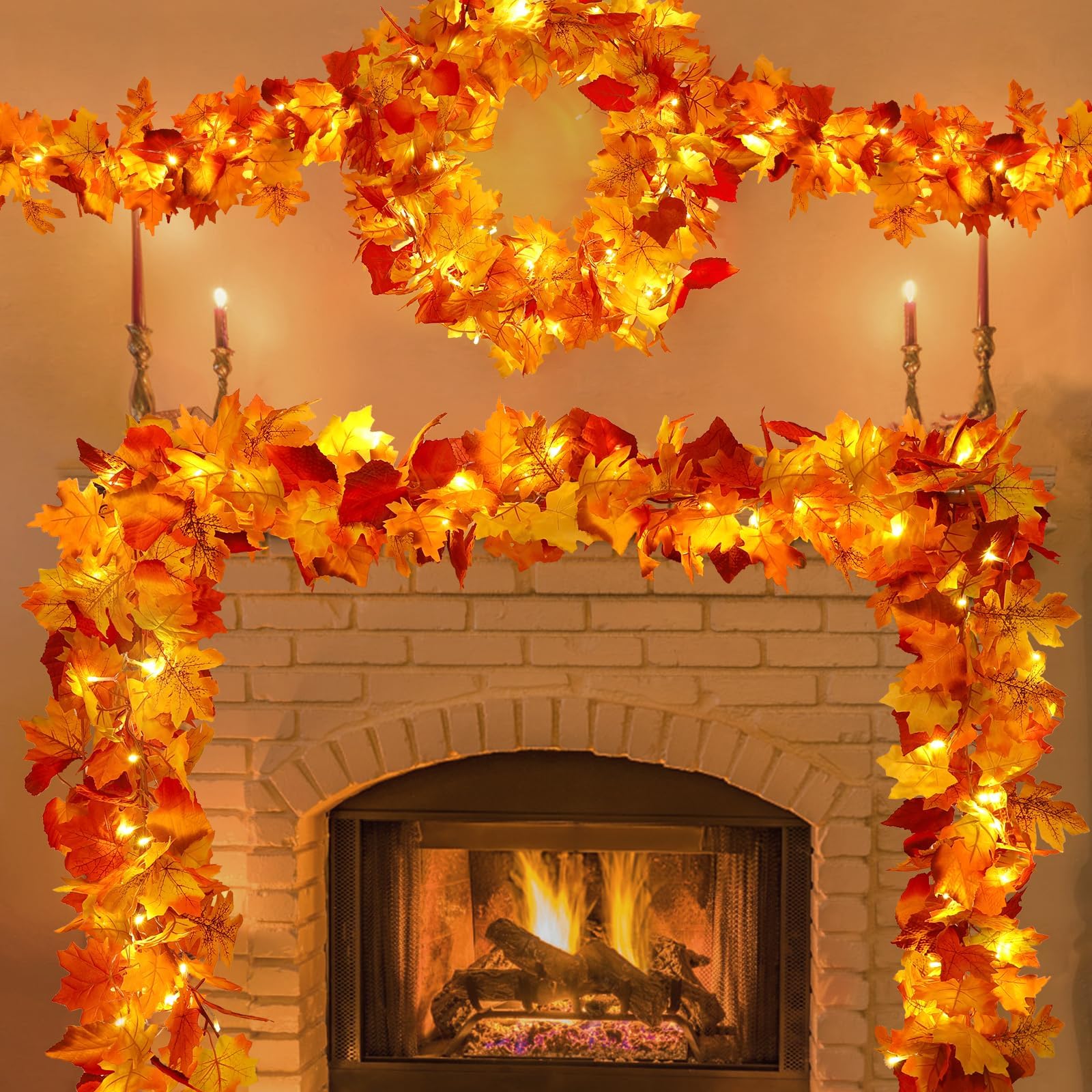 - 23.6Ft Thanksgiving Decorations Fall Decor for Home Lighted Fall Garland Maple Leaves Total 80 LED Fall Decorations for Home Halloween Decorations Outdoor String Lights for Autumn Decor Harvest