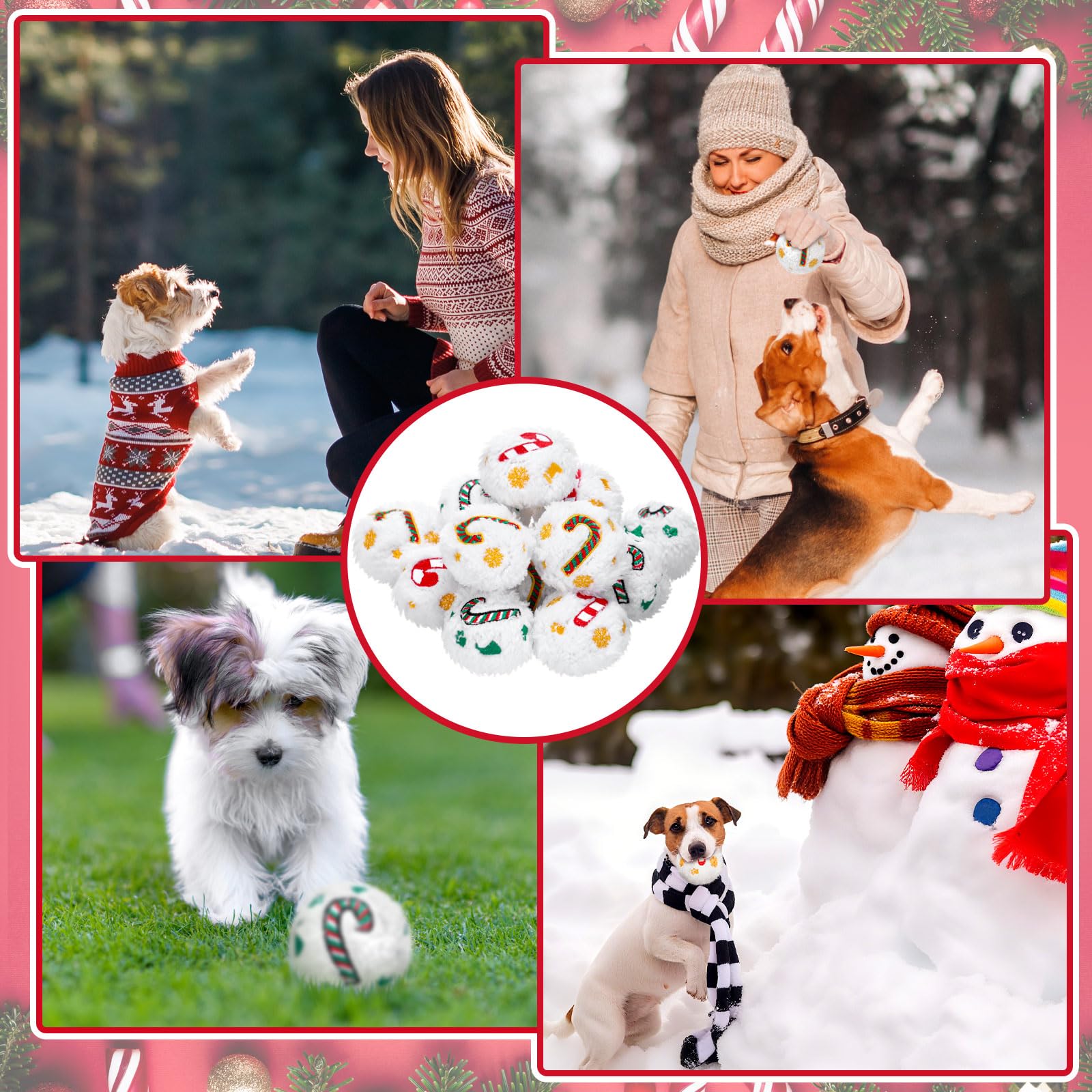 Syhood 60 Stück Weihnachts-Schneeball-Hundespielzeug, quietschend, Plüsch-Spielzeug für drinnen und draußen, Weihnachtsmann Elch für kleine und mittlere Haustiere, Kauspielzeug (Zuckerstangen)