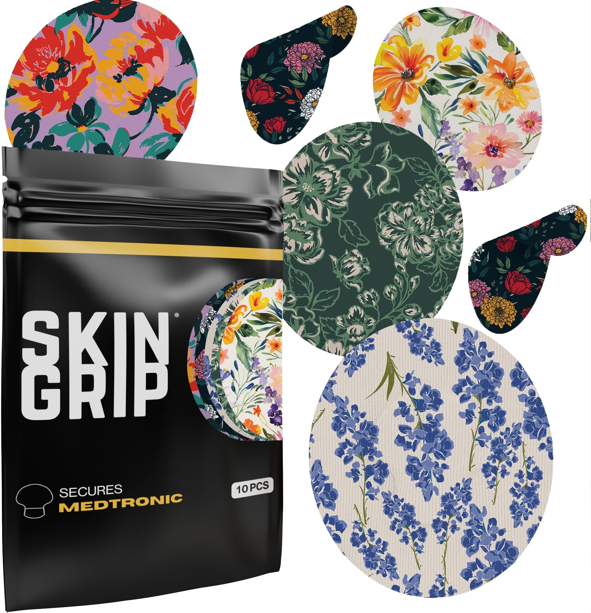 CGM Sensor Patches Compatible with Medtronic Guardian, Waterproof & Sweatproof for 10-14 Days, Pre-Cut Adhesive Tape, Continuous Glucose Monitor Patch - Florals (10-Pack)