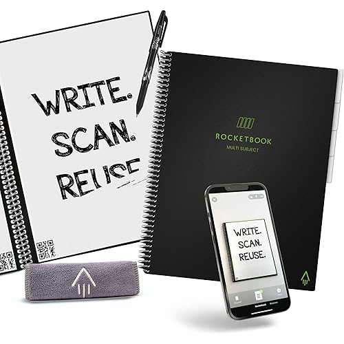 Rocketbook Multi-Subject Reusable Smart Notebook | Eco-Friendly, Digitally Connected Notebook with Dividers | Lined, 8.5” x 11”, 70 PG, Black, with Pen, Cloth, and App Included