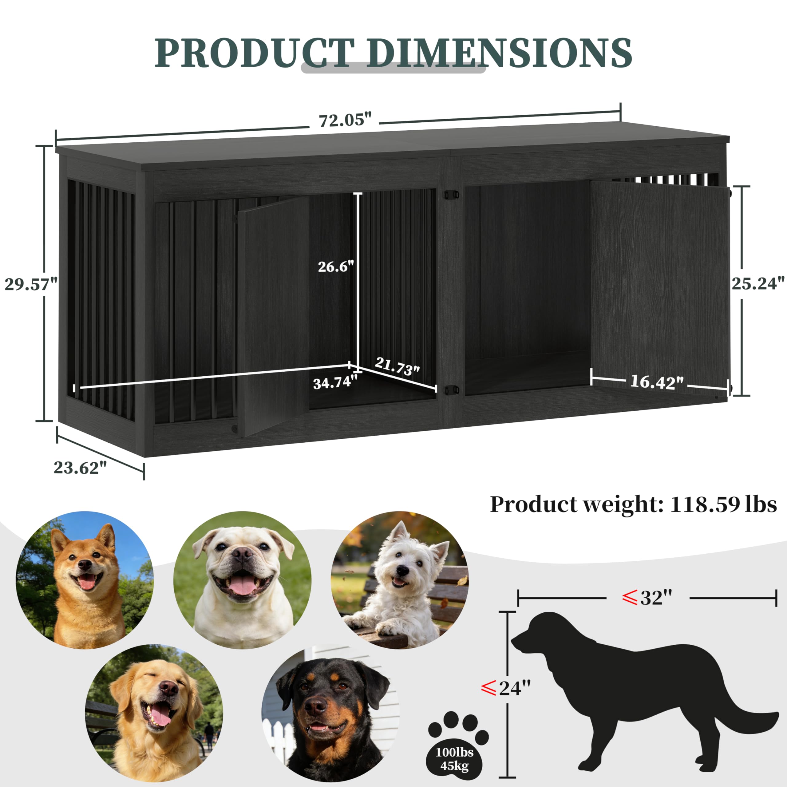 Hundekäfig Möbel für 2 Groß Hunde, 183cm Übergroß Hundebox für Zuhause mit Abnehmbare Trennwand und 2 Türen, Indoor Holz Hundekäfig als Beistelltisch & TV Schrank, 183x60x75cm, Dunkelgrau
