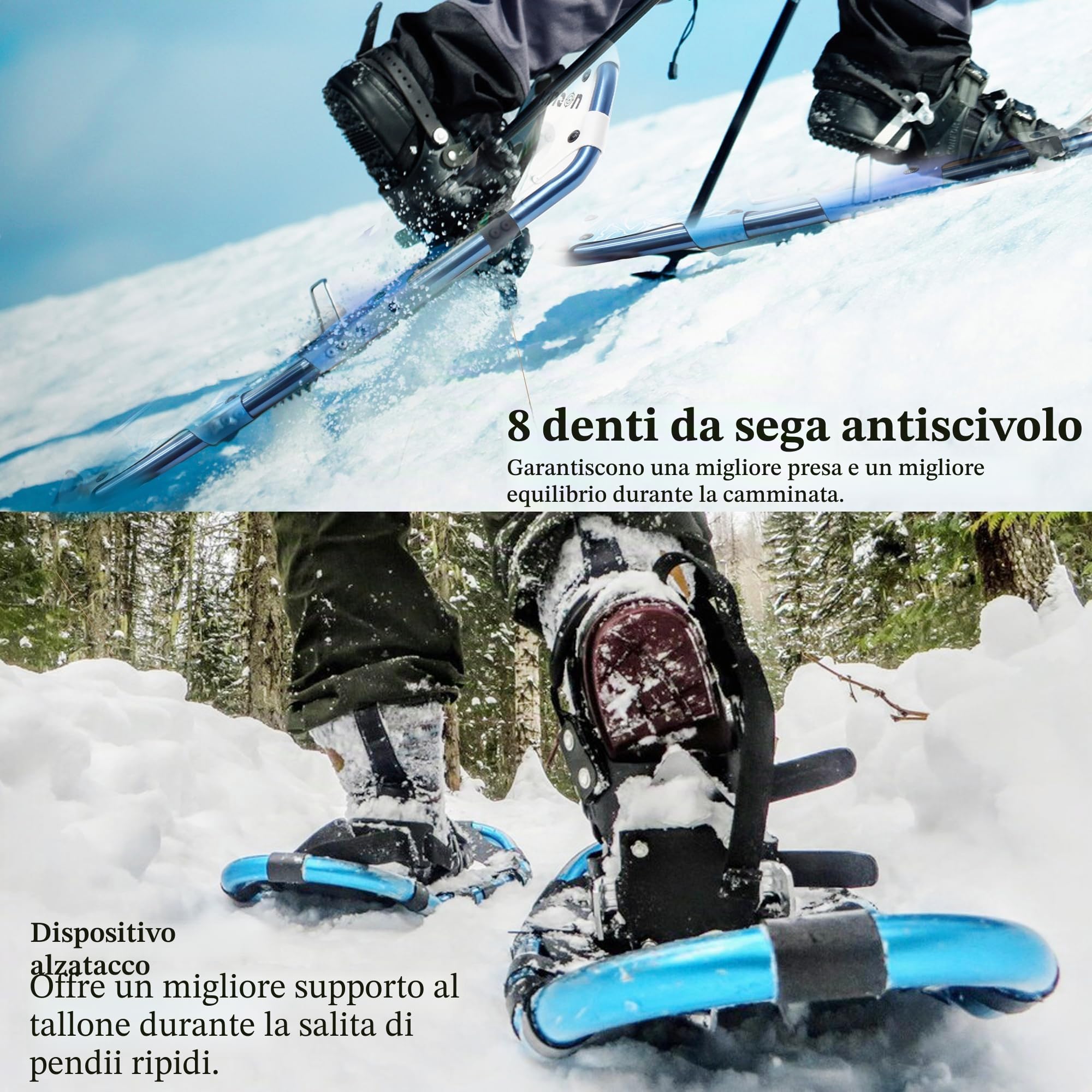 KinZon Racchette da neve 3 in 1, leggere e resistenti, con bastoni da trekking e borsa da trasporto, dispositivo di sollevamento del tallone,per escursioni
