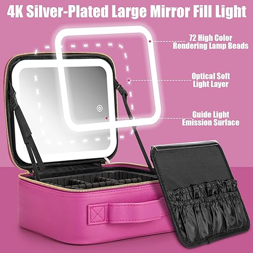 Vista 10 de Estuche de viaje de maquillaje con espejo luz LED 3 brillo ajustable, bolsa de cosméticos grande, almacenamiento portátil, partición ajustable, Roses