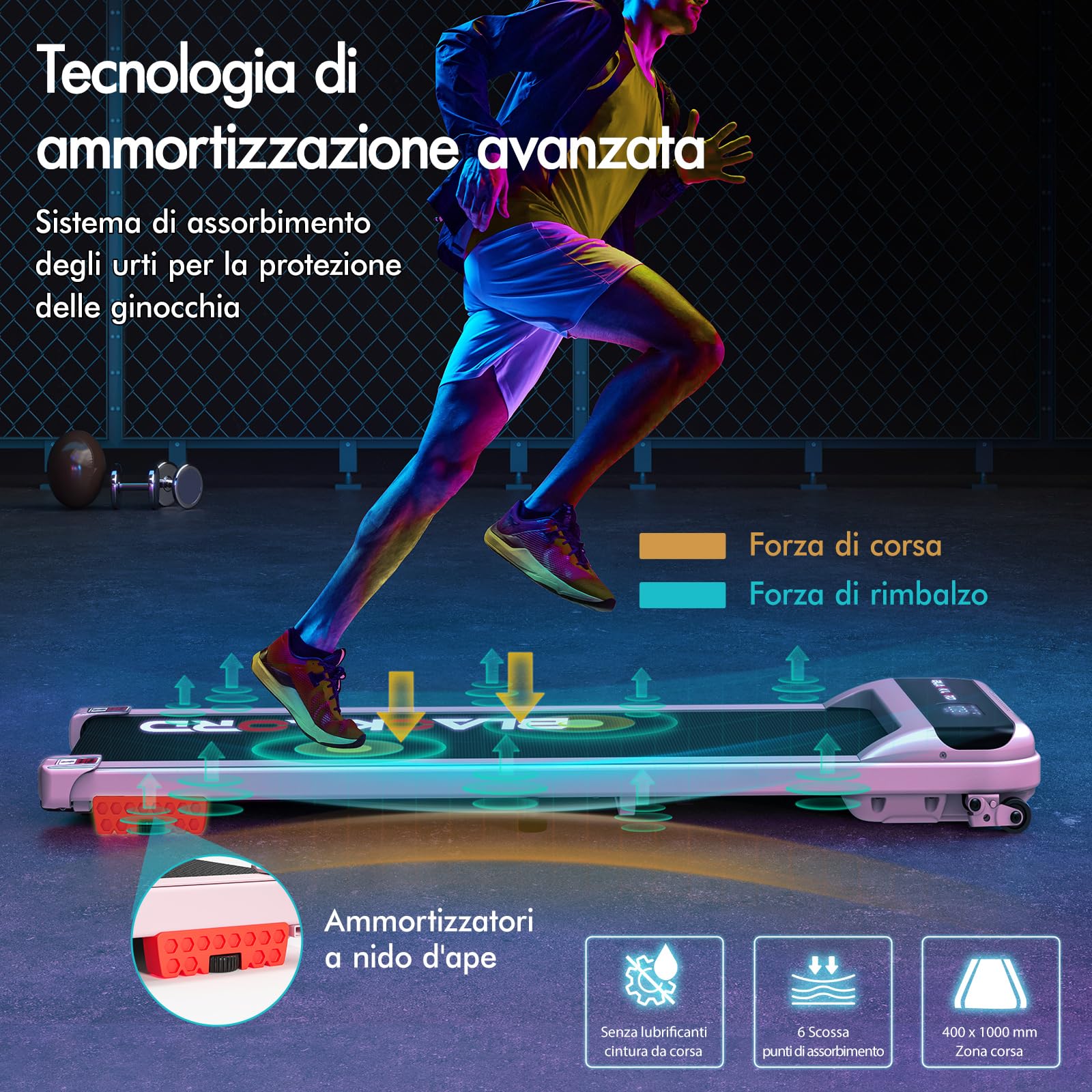 BLACK LORD Tapis roulant, Walking pad 12/16 km/h, Tappetino da corsa con/senza inclinazione del 9%, Sotto la scrivania, Portatile, Silenzioso, Display LED, App, Capacità di carico 140 kg