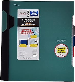 Five Star Cadernos espirais avançados, 3 matérias, papel pautado pela faculdade, 28 x 20 cm, 150 folhas, com protetor espiral e divisores móveis, verde (73136)
