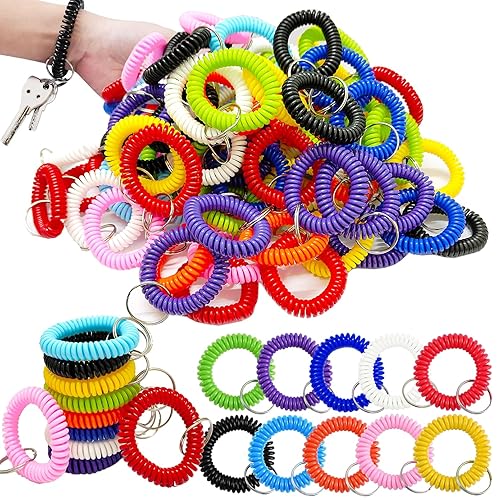 100 PCS Wrist Keychain,Spiral Keychain Bracelet Wrist Coil Key Chains,10