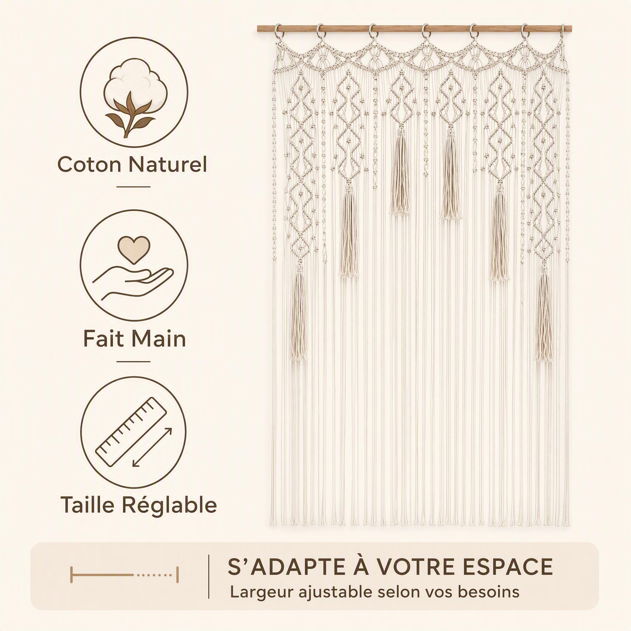 Rideau de porte bohème en macramé, rideau de porte tissé bohème, fait à la main en corde de coton, tapisserie de séparation de pièce, pour chambre à coucher, salon, décoration de mariage, beige