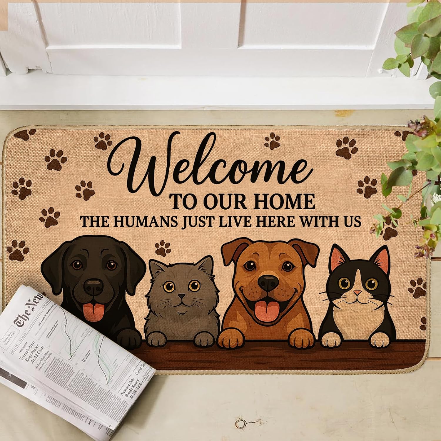Funny Dog and Cat Welcome Door Mat,29.5x17inch,Indoor Outdoor Linen Floor Mats with Cute Puppy and Kitten,Non-Slip Rubber Backing Doormat,Pet Decor Gifts Rug for Entrance Kitchen Bedroom