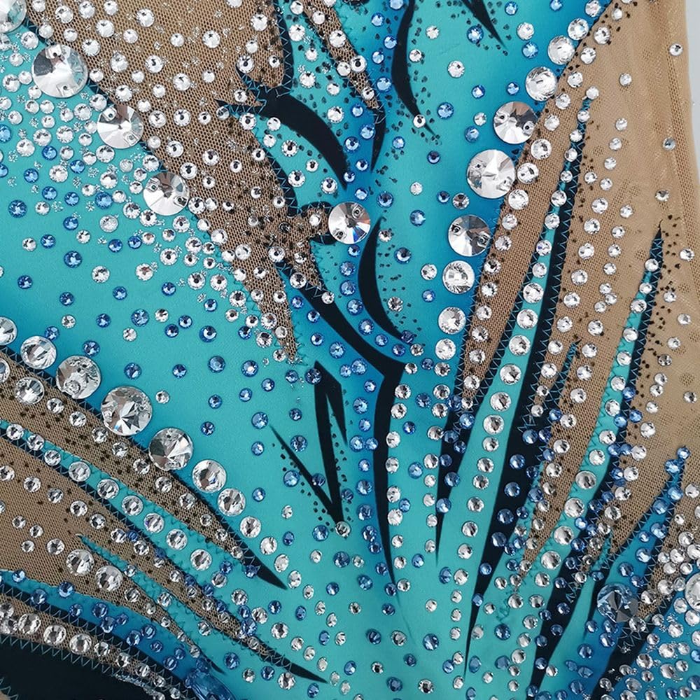 LIUHUO Justaucorps de gymnastique rythmique dégradé bleu-vert de luxe Flash Diamond Girl Compétition Performance