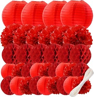 WOLHOWLTD Red Paper Decoration Set - 34 Pcs Paper Lanterns, Pompoms, Honeycomb for Wedding, Valentine's,School Day,Bridal Shower,Birthday Party,Home Garden Decoration(red)