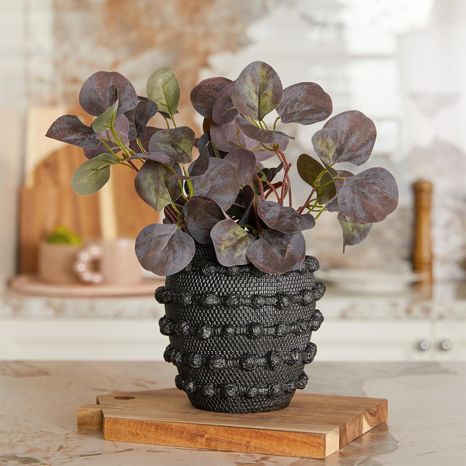 DN DECONATION Black Rustic Farmhouse Vase, 6.3 Inch Textured Boho Vase for Home Decor, Cement Decorative Flower Vases with Rope Knots for Living Room, Table Centerpiece, Shelf, Mantel Decoration