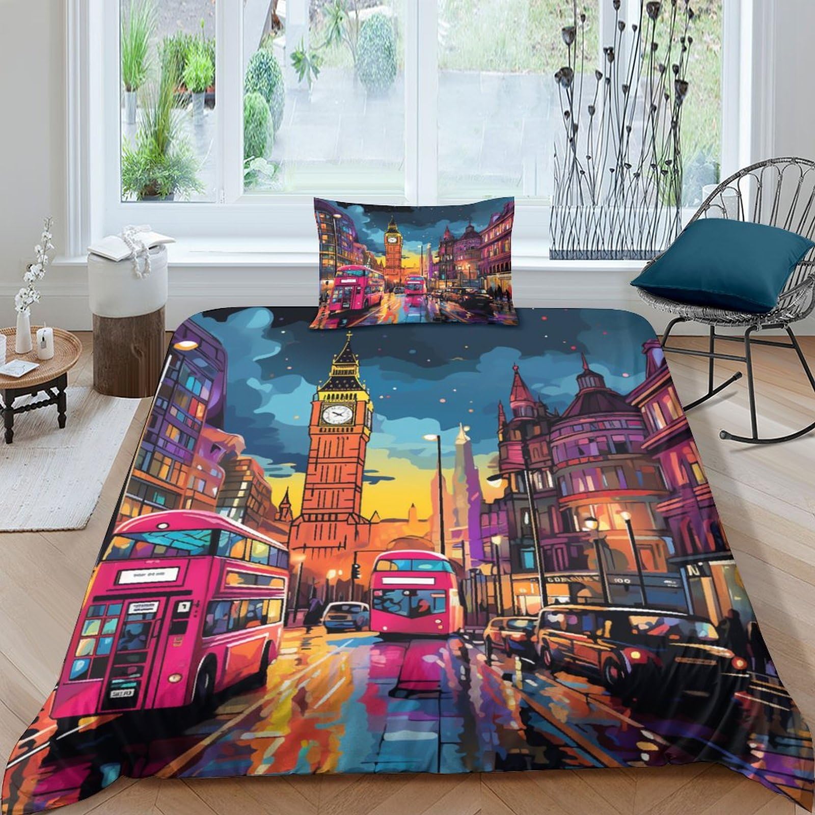 TIICZAAKL 3D Printed London Cityscape Duvet Covers Bedding Sets 2 Pcs Microfibre Soft Easy Care Comforter Covers with Pillowcase,for Teens Adults，for All Season Single（135x200cm）