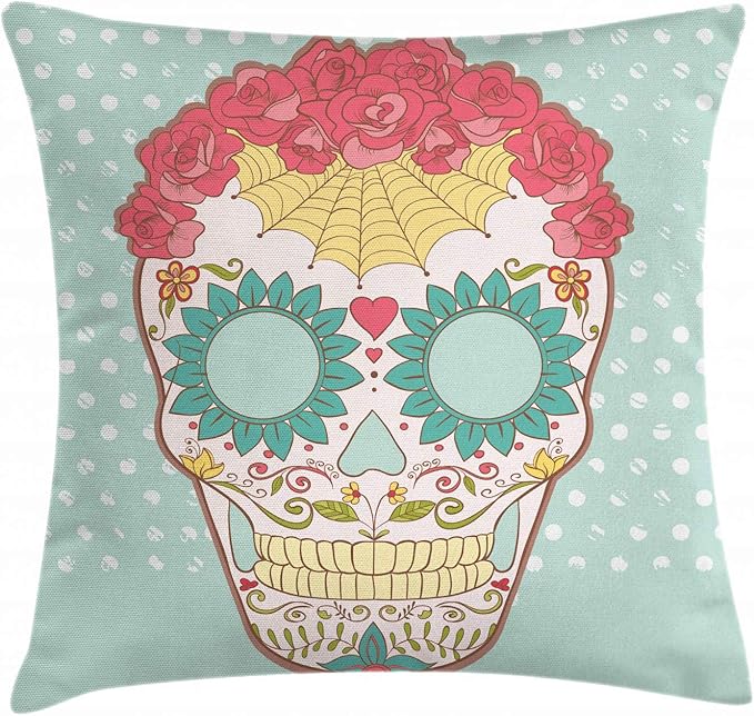 Ambesonne Sugar Skull Throw Pillow Cushion Cover, Image of Lady Skeleton Head Ornamented with Floral Wreath and Cultural Motifs, Decorative Square Accent Pillow Case, 18