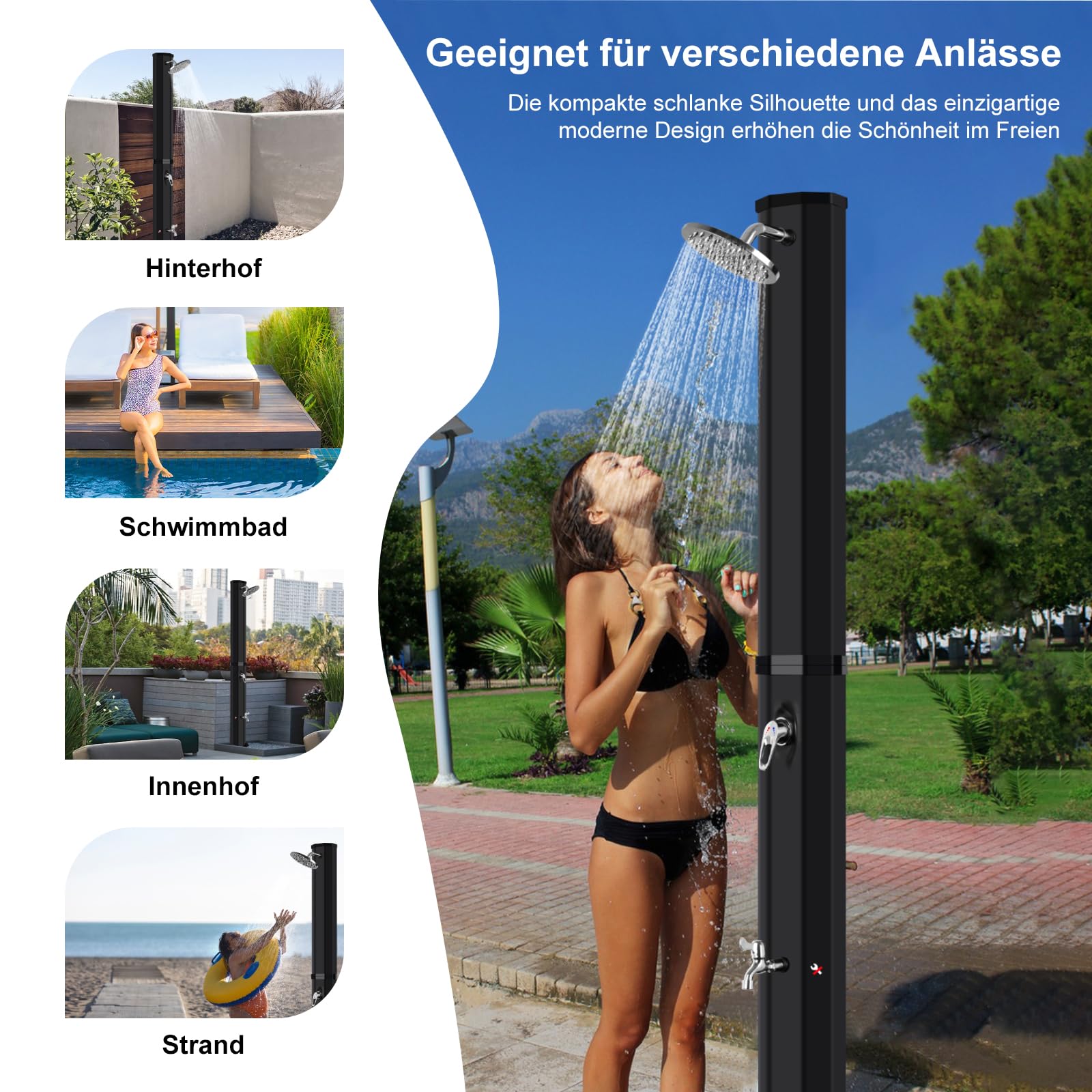 Doccia Solare da Giardino 60 Litri, Doccia Esterno con Soffione a Pioggia Regolabile a 360° e Rubinetto, Temperatura Massima di 60°C - Perfetto per Giardino Campeggio e Relax all'aperto