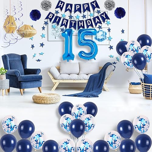 Miniatura 55 de Decoraciones de fiesta de cumpleaños azul número 16 para niños y niñas, suministros de globos de feliz cumpleaños 16 con pancarta de feliz